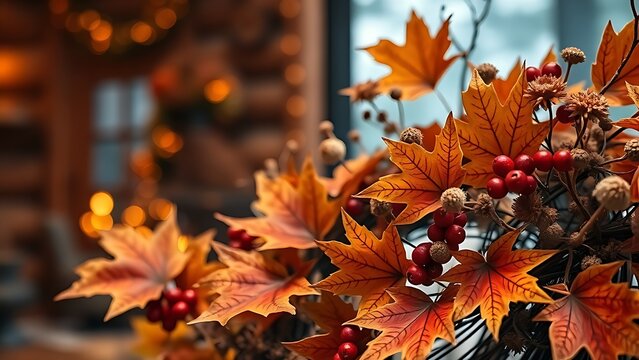 Maple leaf wreath with dried flowers and berries, warmly lit with a blurred rustic cabin backdrop.