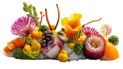 Food Plating Art: Exquisite food plating with vibrant garnishes, intricate designs, and creative arrangements, isolated on a Transparent background, PNG file.