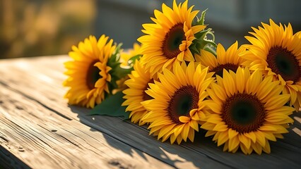 Obraz premium Sunflowers resting on weathered wood, bathed in warm golden sunlight with a softly blurred background.
