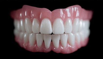 Obraz premium Close-up of a set of clean, white teeth with pink gums and reflective