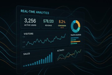 Futuristic real-time analytics dashboard interface with data visualization elements displaying key