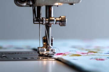 Close-up of a sewing machine needle stitching colorful fabric in a well-lit workspace