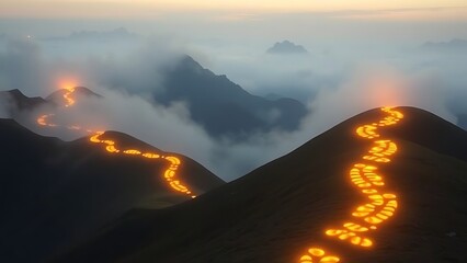 Glowing footprints ascending misty mountains, representing the challenging path of personal health journeys.
