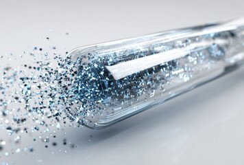 Close-up of a sharp metallic blade slicing through a creating a splash of tiny particles