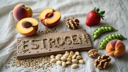 Educational Flat Lay of Phytoestrogen-Rich Foods with Flax Seed &ldquo;ESTROGEN&rdquo; Typography