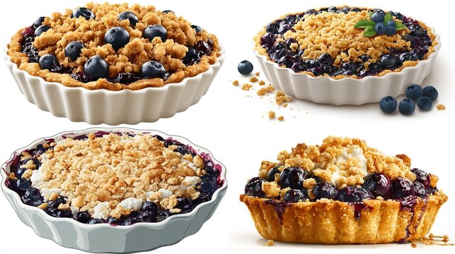Four delectable blueberry crumb pies in white ceramic dishes, showcasing variations in filling and crumble topping, presented against a pristine white backdrop