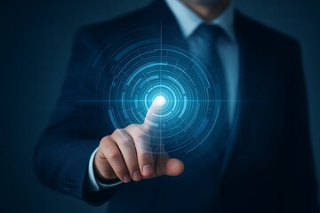 Businessman's finger touching glowing blue digital interface with concentric circles