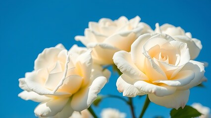 Fototapeta premium White roses bloom vividly against a clear blue sky, their petals glowing in natural sunlight.