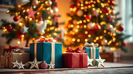 Festive holiday setup with decorated tree and gift boxes, evoking warmth and seasonal joy.