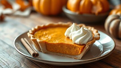 A steaming pumpkin pie with whipped cream and cinnamon sticks, evoking warm autumn coziness.