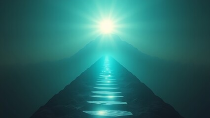 Glowing path of floating footsteps ascending toward a radiant health summit.