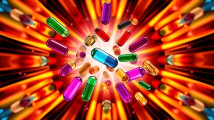 Vibrant floating vitamin capsules in a kaleidoscopic pattern against a radiant backdrop.