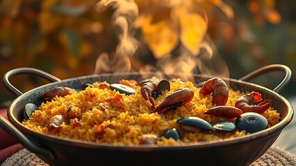 Traditional saffron-infused paella in a copper pan, steaming against a backdrop of soft autumn foliage in warm light.