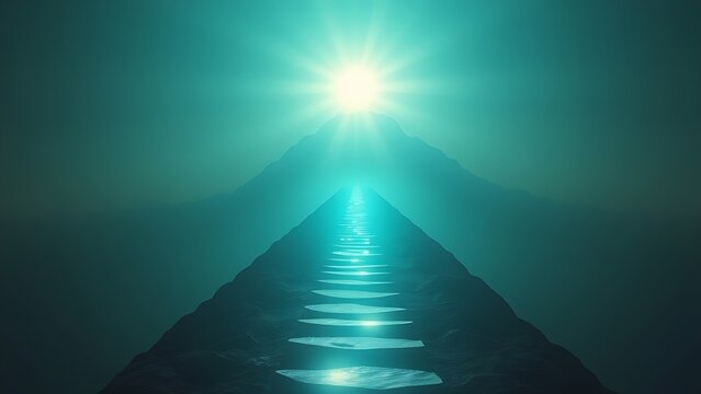 Glowing path of floating footsteps ascending toward a radiant health summit.