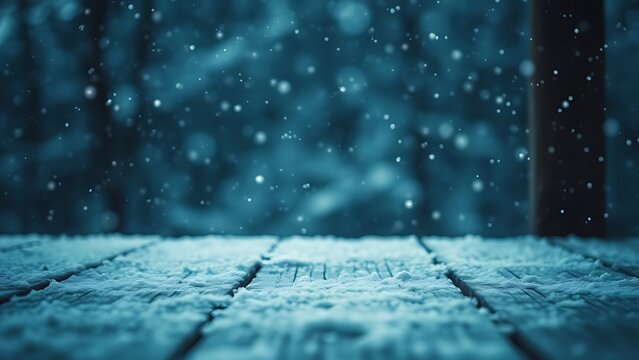 Snow-covered wooden surface with falling snowflakes, evoking a serene winter atmosphere.
