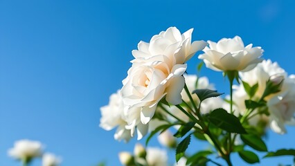 White roses in full bloom against a clear blue sky, bathed in soft sunlight.