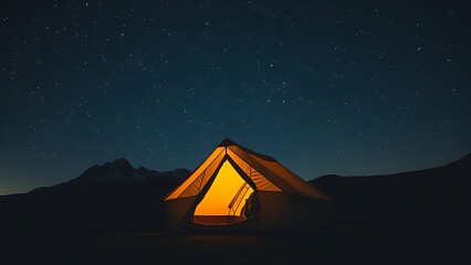 Cozy tent glowing under a starry night sky, with mountain silhouettes in the background.