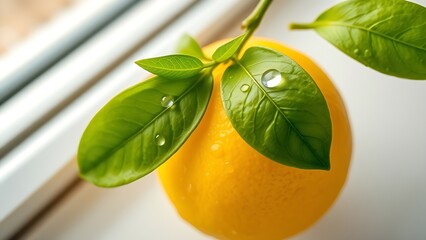 Fresh lemon with green leaves and water droplets, captured in natural light for a vibrant look.