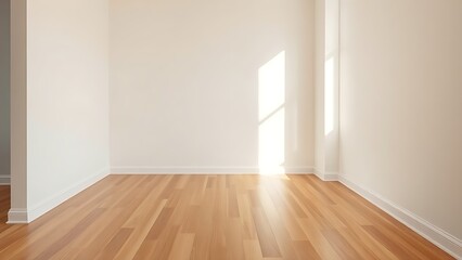 Minimalist living room corner with wooden floors and diffused light, exuding calm simplicity.