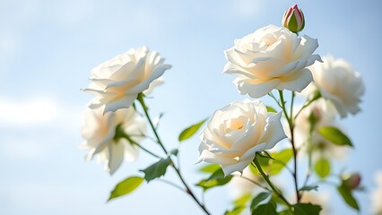 White roses in full bloom against a soft blue sky, sunlight creating a natural bokeh effect around them.