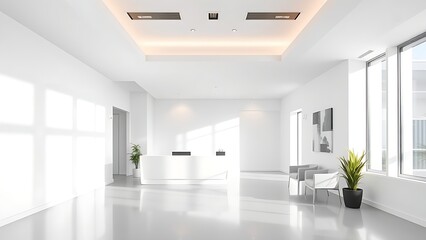 Bright and modern office reception area with clean white walls and natural lighting.