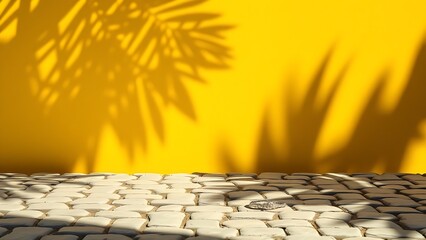 Minimalist yellow gradient with tropical leaf shadows and silver jewelry, bright sunlight.