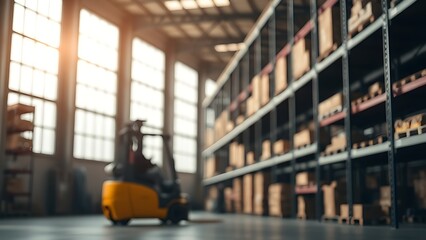 Industrial warehouse scene with forklift, natural light from high windows, and blurred shelves.