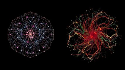 Abstract neural pathways: one geometric and structured, the other chaotic and organic.