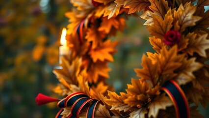 Golden oak leaf wreath with black-red-gold ribbons, candlelit glow amidst soft autumn foliage backdrop.