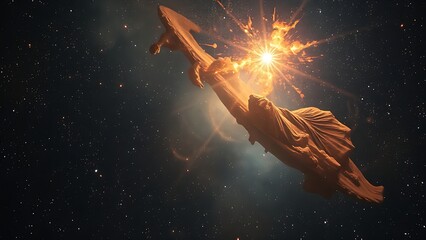 Fading stellar ghosts trapped in cosmic dust within ancient prismatic structures.