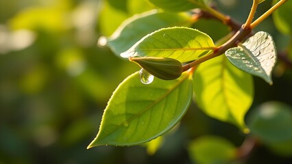 Close-up of fresh tea leaves with morning dew in soft natural light, botanical setting.