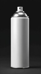 Close-up of a silver aerosol spray can with a black background and metallic finish