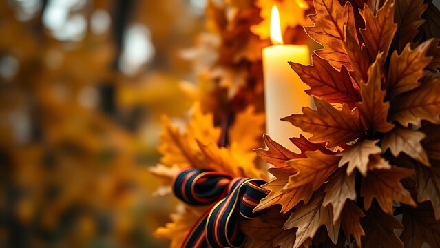 Golden oak leaf wreath with black-red-gold ribbon, candlelight glow, autumn foliage bokeh, dignified ambiance.