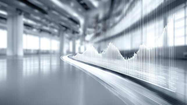 A glowing line graph in a futuristic hallway.
