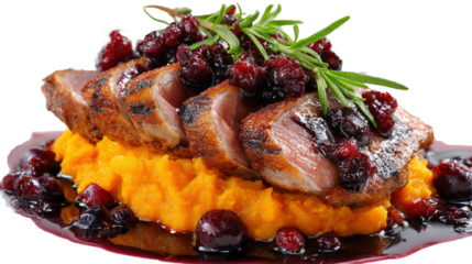 Gourmet dish of roasted duck breast with a cherry glaze and mashed sweet potatoes, isolated on a Transparent background, PNG file.