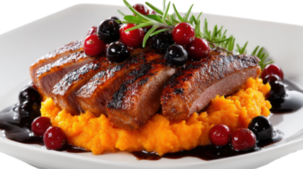 Gourmet dish of roasted duck breast with a cherry glaze and mashed sweet potatoes, isolated on a Transparent background, PNG file.
