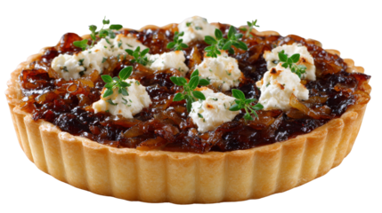 Gourmet presentation of caramelized onion tart with goat cheese, isolated on a Transparent background, PNG file.