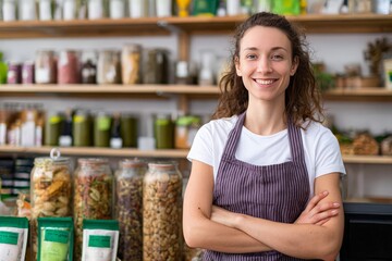 A smiling woman in a striped apron stands confidently with her arms crossed in a vibrant health food store filled with jars of colorful ingredients and natural products in the background