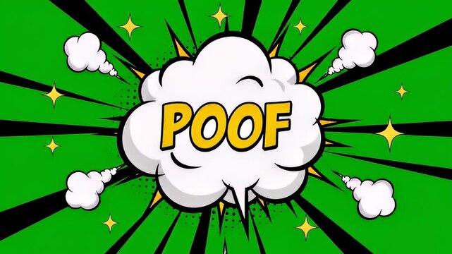 Animated comic book style poof graphic with bursting cloud and stars