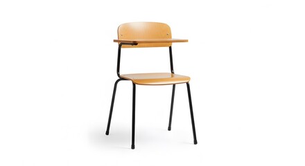 Minimalist School Desk Chair: Light Wood and Black Metal on White Background