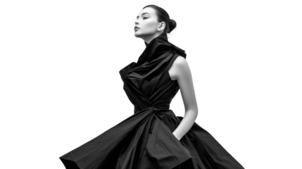 Fashion model in a sculptural, avant-garde black dress with strong angular lines, isolated on a Transparent background, PNG file.