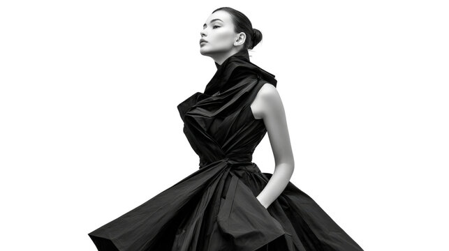 Fashion model in a sculptural, avant-garde black dress with strong angular lines, isolated on a Transparent background, PNG file.