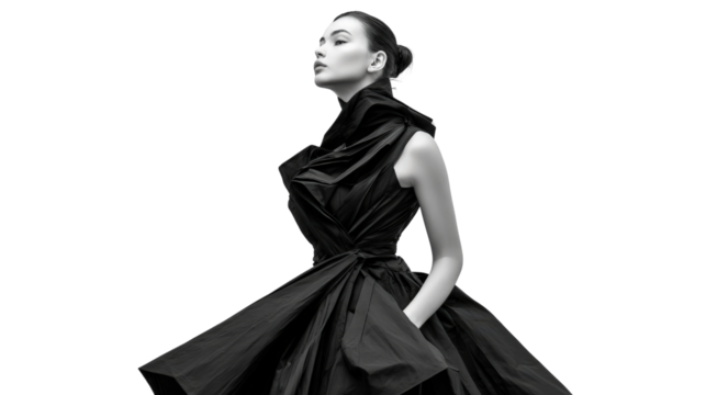 Fashion model in a sculptural, avant-garde black dress with strong angular lines, isolated on a Transparent background, PNG file.
