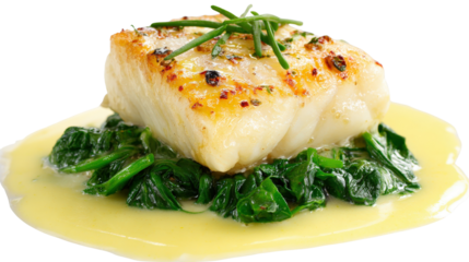 Fine dining plating of roasted halibut with a beurre blanc sauce and wilted spinach, isolated on a Transparent background, PNG file.