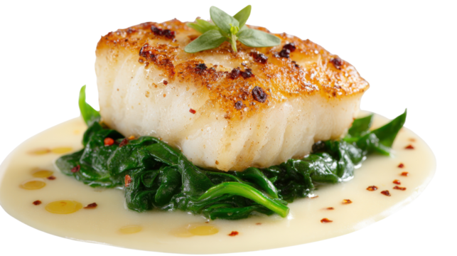Fine dining plating of roasted halibut with a beurre blanc sauce and wilted spinach, isolated on a Transparent background, PNG file.
