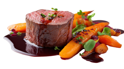 Fine dining plating of venison with a red wine reduction and roasted carrots, isolated on a Transparent background, PNG file.