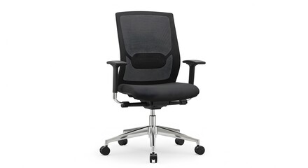Modern Ergonomic Office Chair, Black Mesh Back, Isolated on White Background.