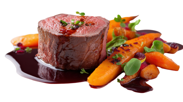 Fine dining plating of venison with a red wine reduction and roasted carrots, isolated on a Transparent background, PNG file.