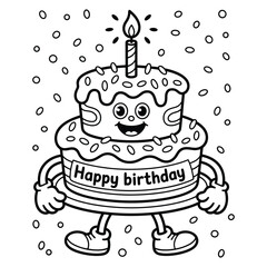 Cute Birthday Cake Cartoon with Candle and Confetti Coloring Page Vector