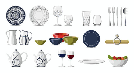 Stock vector of tableware plates glasses silverware and bowls for kitchen and dining